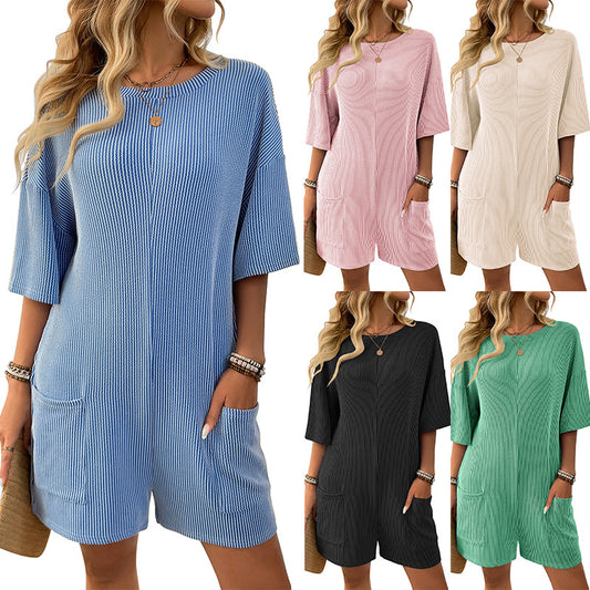 European and American cross-border Amazon independent station 2025 new products for women's loose pockets V-neck short-sleeved jumpsuits