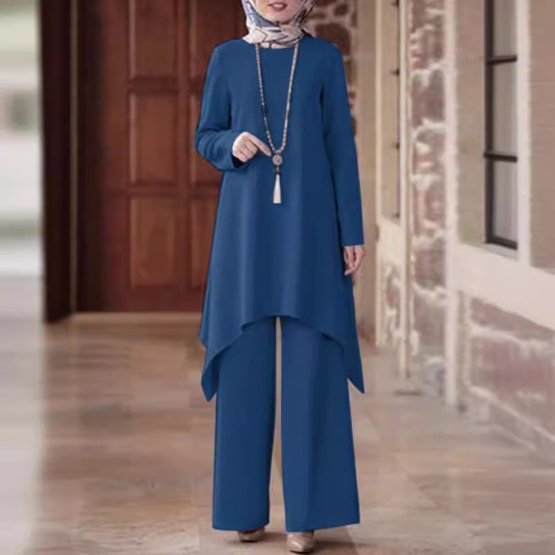 A Muslim women's clothing Middle East cross-border spring and autumn solid color round neck pullover skirt trousers fashion casual suit