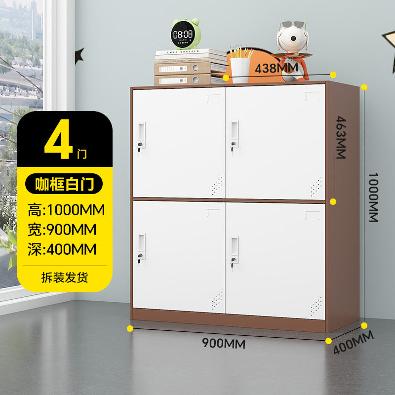 A colorful metal storage locker for school classrooms
