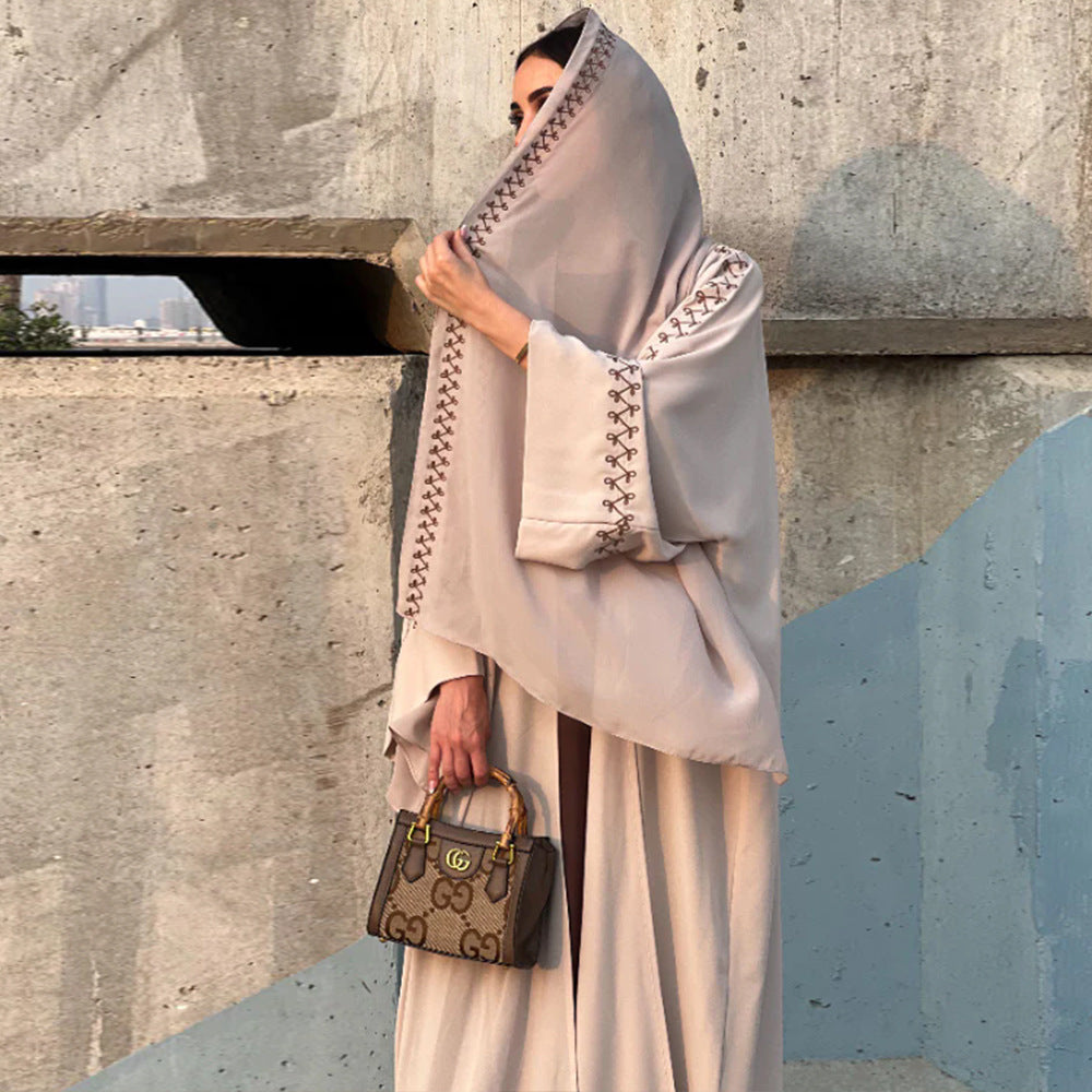 Women's Abaya Middle East Muslim Turban Cardigan Embroidered Dress Arabian Robe Bat Sleeve Overcoat Cross-Border - Mixbatch