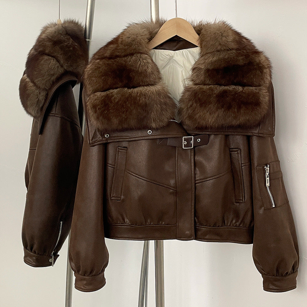 A winter new short real fox fur collar suede fur jacket female Korean version fur integrated down liner