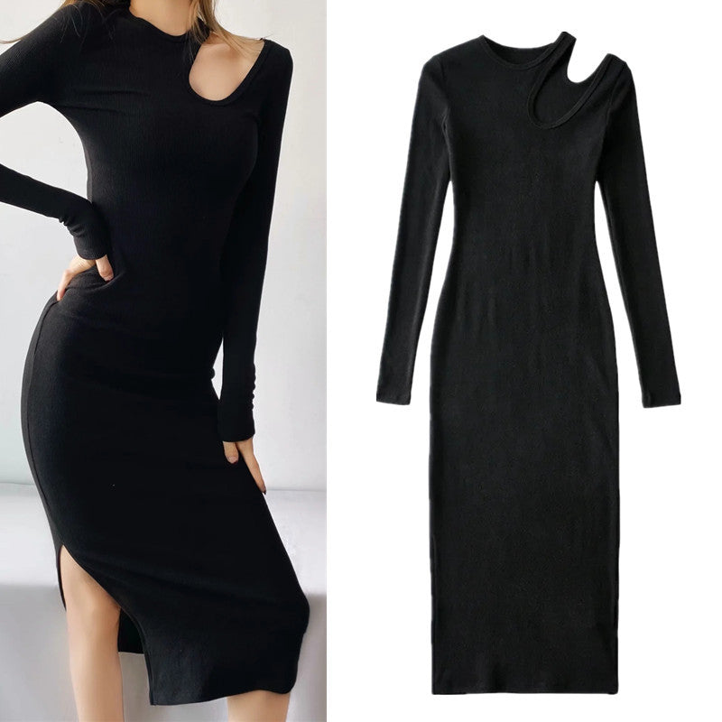 Spring tight sexy hollow off-the-shoulder split-ended long dress women's elastic slim-fit solid-color hip-wrapped dress - Mixbatch