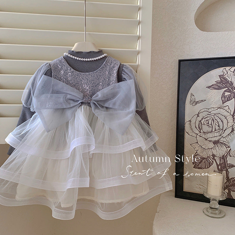 A new autumn sequined bow mesh gray tank top skirt cake skirt children's bubble sleeve bottoming shirt set