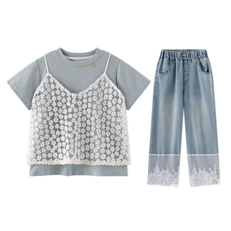 A girls summer suit, new children's foreign style lace short-sleeved top, older children's fashionable jeans two-piece set