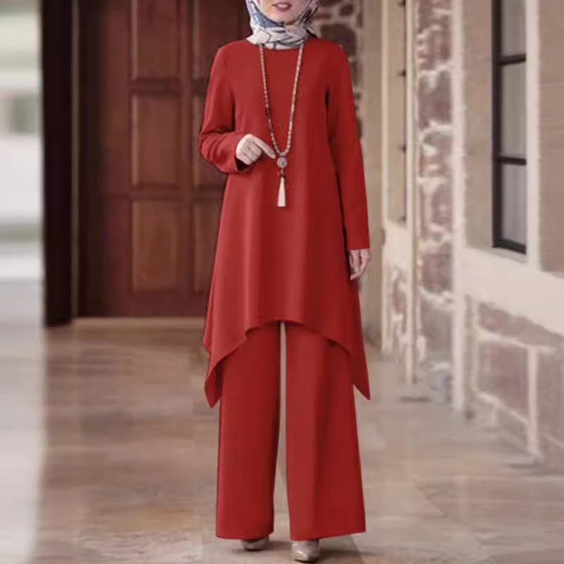 A Muslim women's clothing Middle East cross-border spring and autumn solid color round neck pullover skirt trousers fashion casual suit