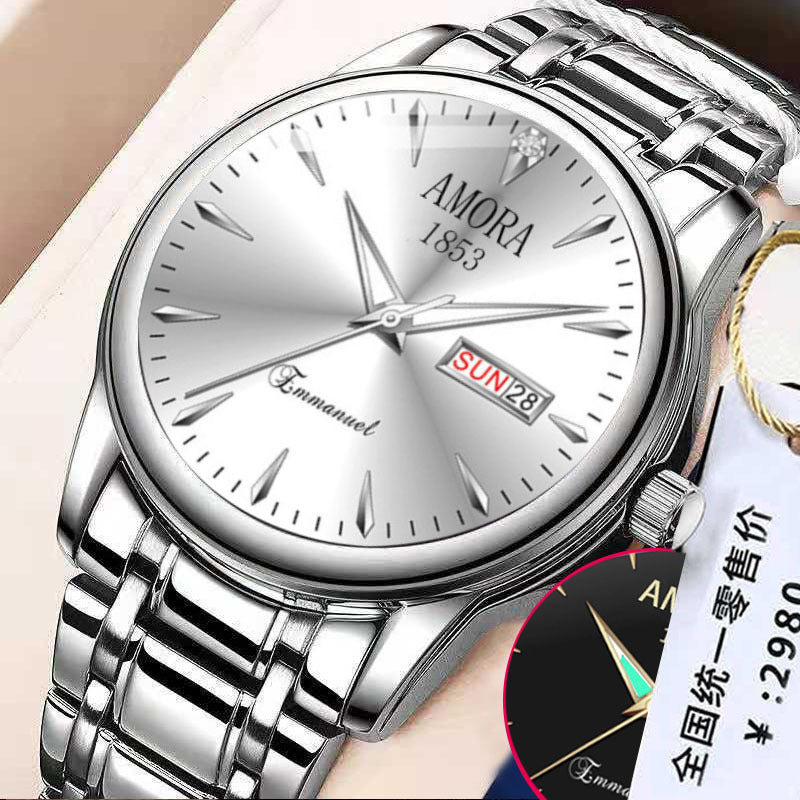 A new quartz watch men's double calendar automatic waterproof luminous business steel belt watch