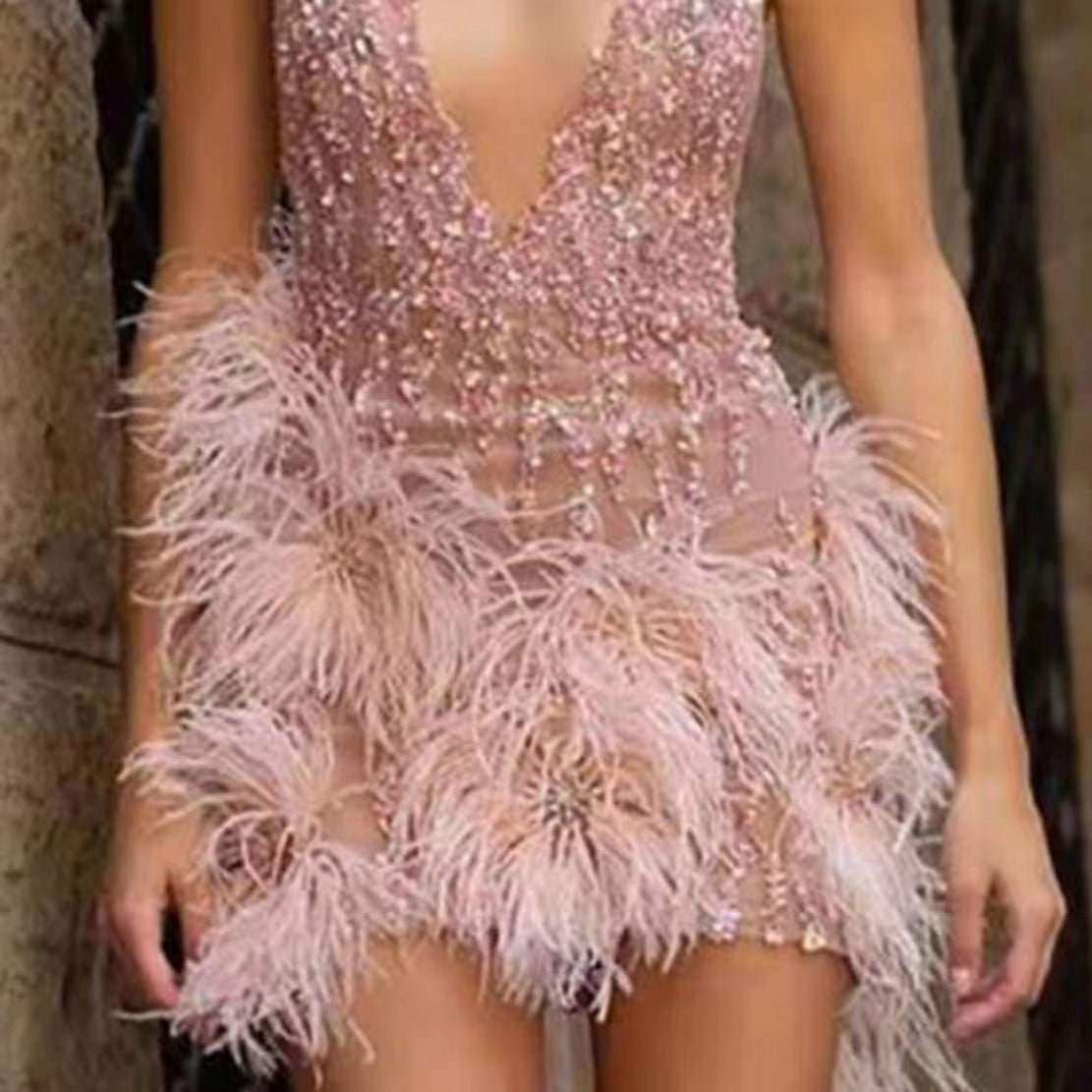 A Feather Suspender Skirt Deep V-Neck Sexy Party Dress #WT1122