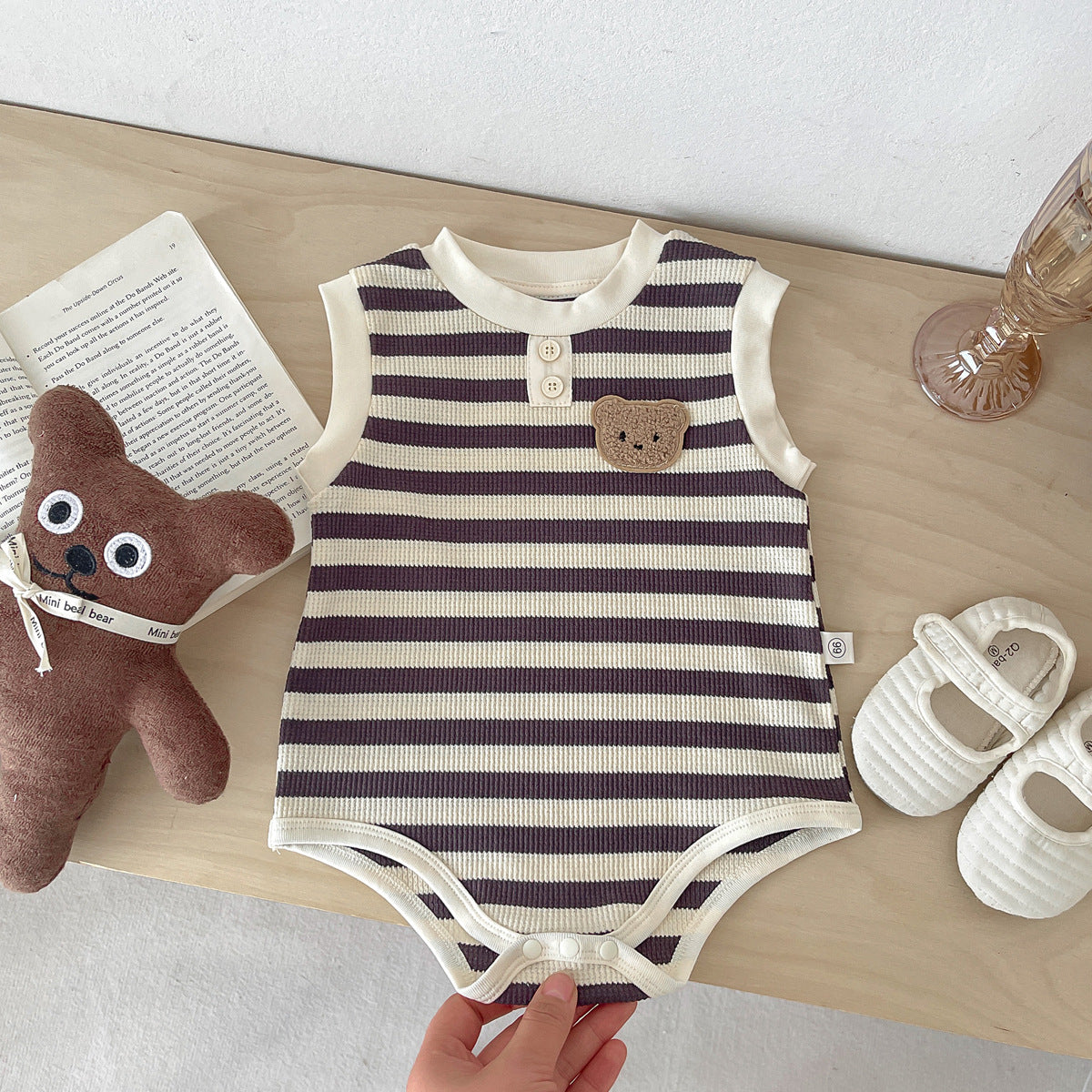 A children's summer dress sleeveless bag fart clothes ins Korean version baby striped bear vest onesie baby outing clothes - Mixbatch