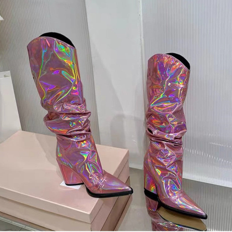 A European and American new thick heel pointed gold silver magic laser glossy pleated foreign trade cross-border large size long women's boots