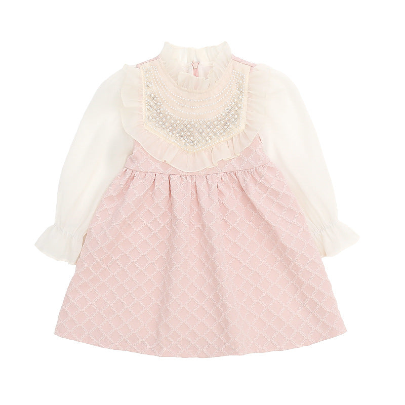 A girls lace pearl dress spring and autumn new girl baby foreign fashion princess dress small and medium children's clothing