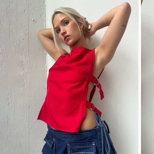 A711TP European and American cross-border 2025 spring new side lace-up sexy red top sleeveless vest Spice girl - Mixbatch