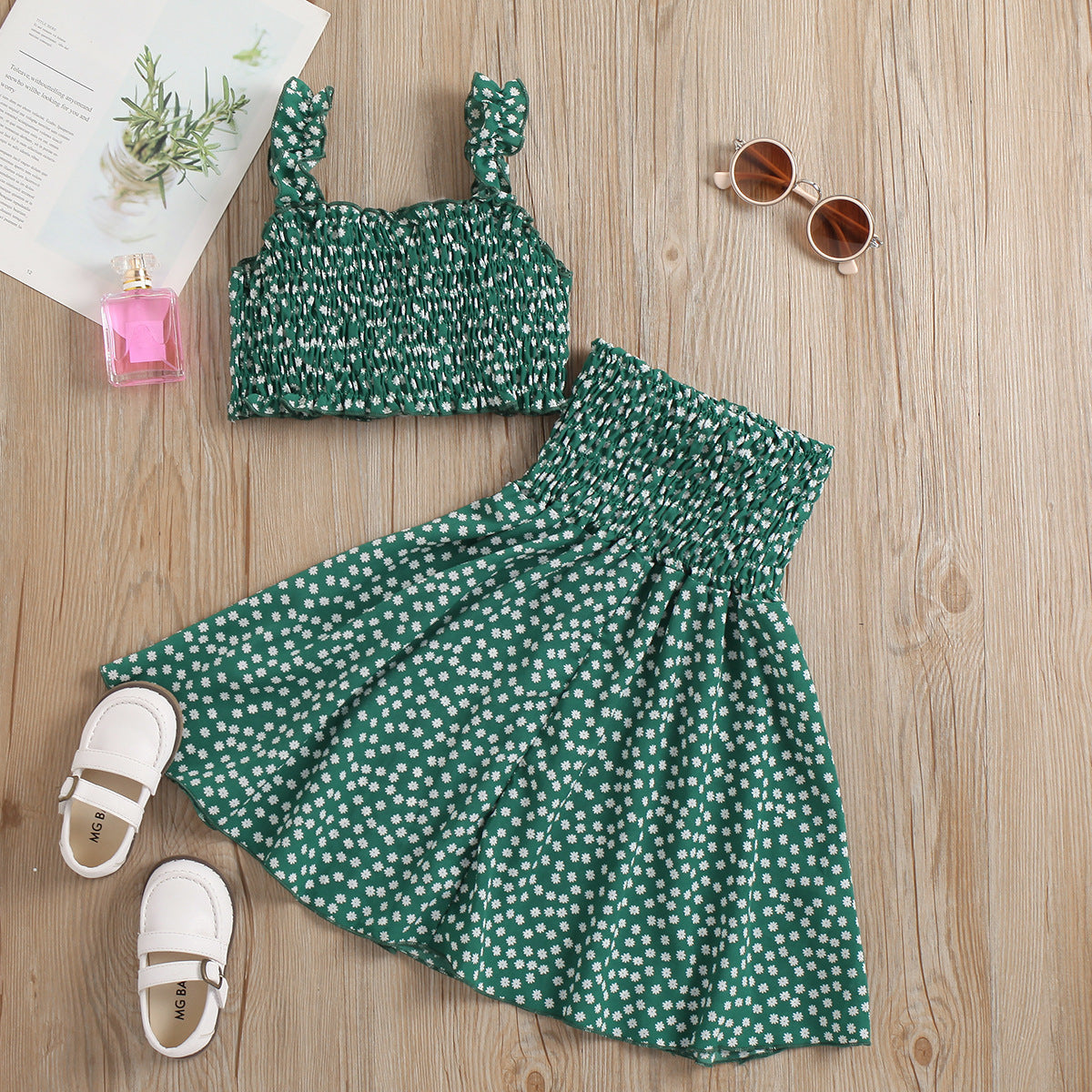 A European and American cross-border new products girls floral sling top + flower printing pleated skirt two-piece set