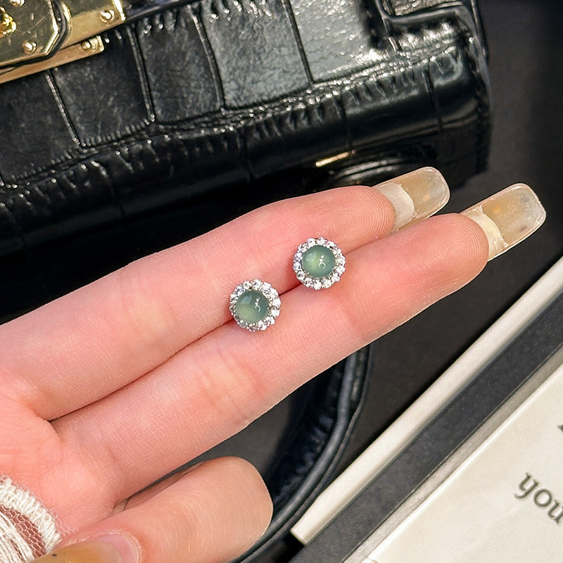 French retro sterling silver s925 stud earrings natural blue water jadeite dangerous material round bead gentle temperament daughter celebrity style