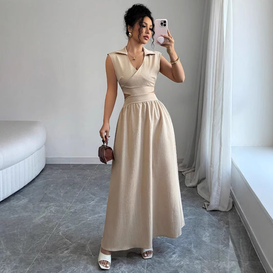 A sleeveless V-neck dress