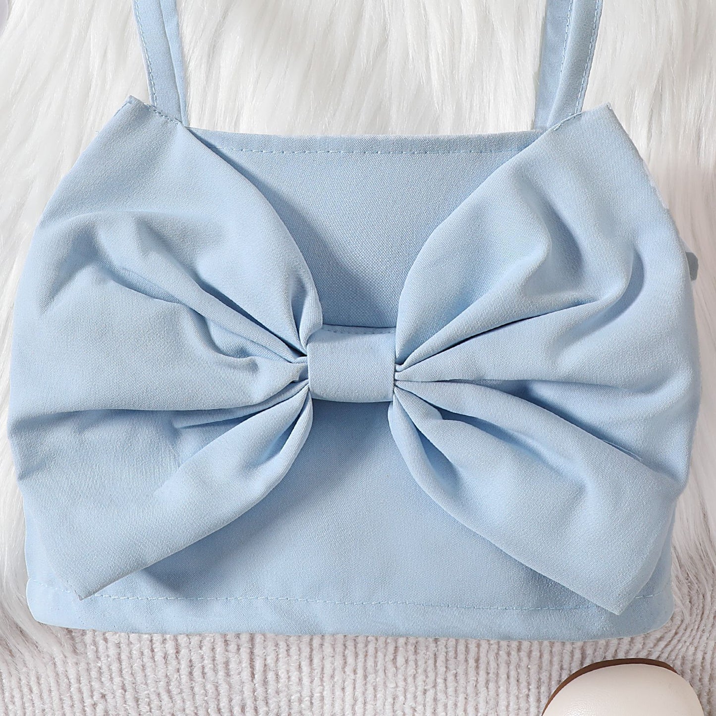 A 2024 summer new Japanese and Korean children's solid color bow suspenders tops and shorts girls' suits. - Mixbatch