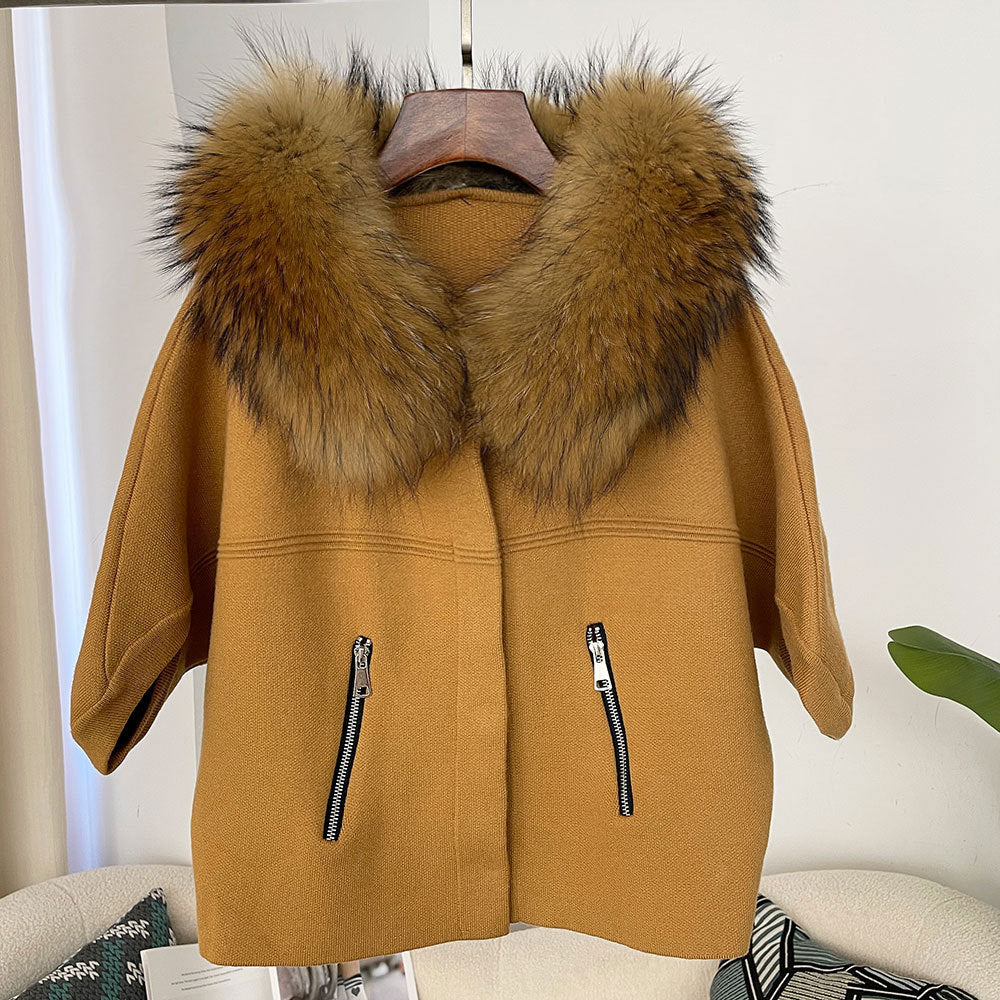 A autumn and winter new women's short knitted sweater real fox fur collar fashion bat sleeve cardigan jacket Korean version loose