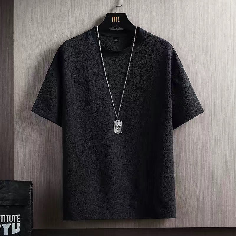 A Summer solid color ice silk short-sleeved t-shirt loose casual versatile t-shirt trendy clothes men's solid color printing - Mixbatch