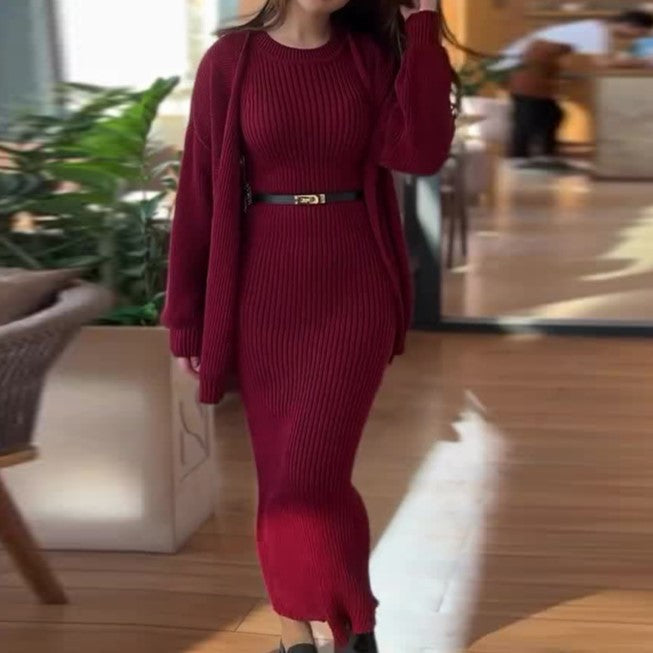 A knitted jacket skirt set with belt