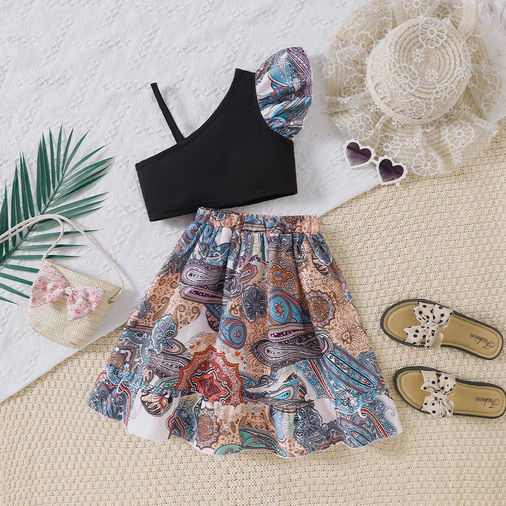 A medium and small children and girls spring and summer new ethnic style printing slanted shoulder sling set TZ1379-D