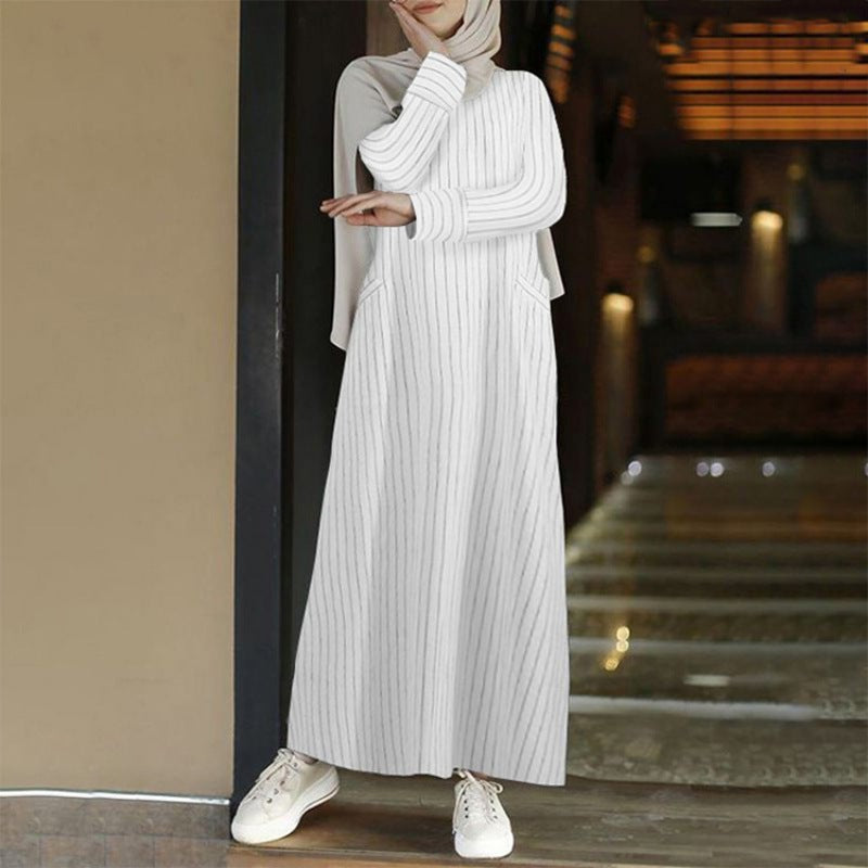 Middle East clothing Muslim women's cross-border supply of literature and art, retro national style, cotton and linen pullover, round neck A-shaped dress, dress - Mixbatch
