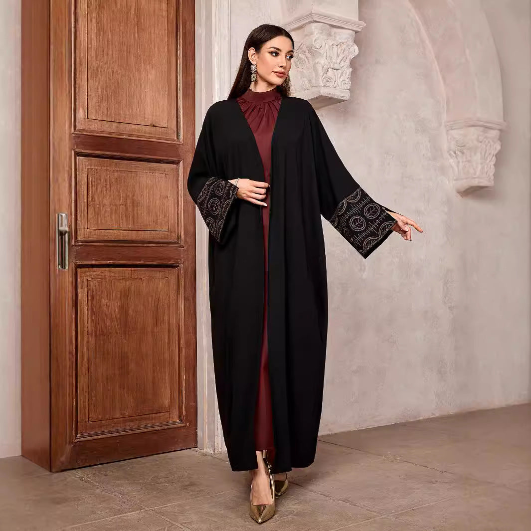 Middle Eastern Muslim Fashion Temperament Elegant Embroidered Cardigan Dubai Arabian Robe Bat Sleeve Split Black - Mixbatch