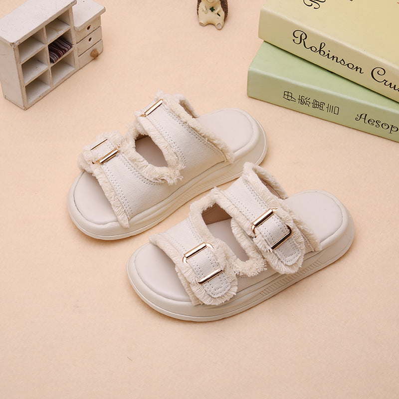 A simple medium and large boys and girls open-toed soft-soled versatile retro niche fringed slippers - Mixbatch
