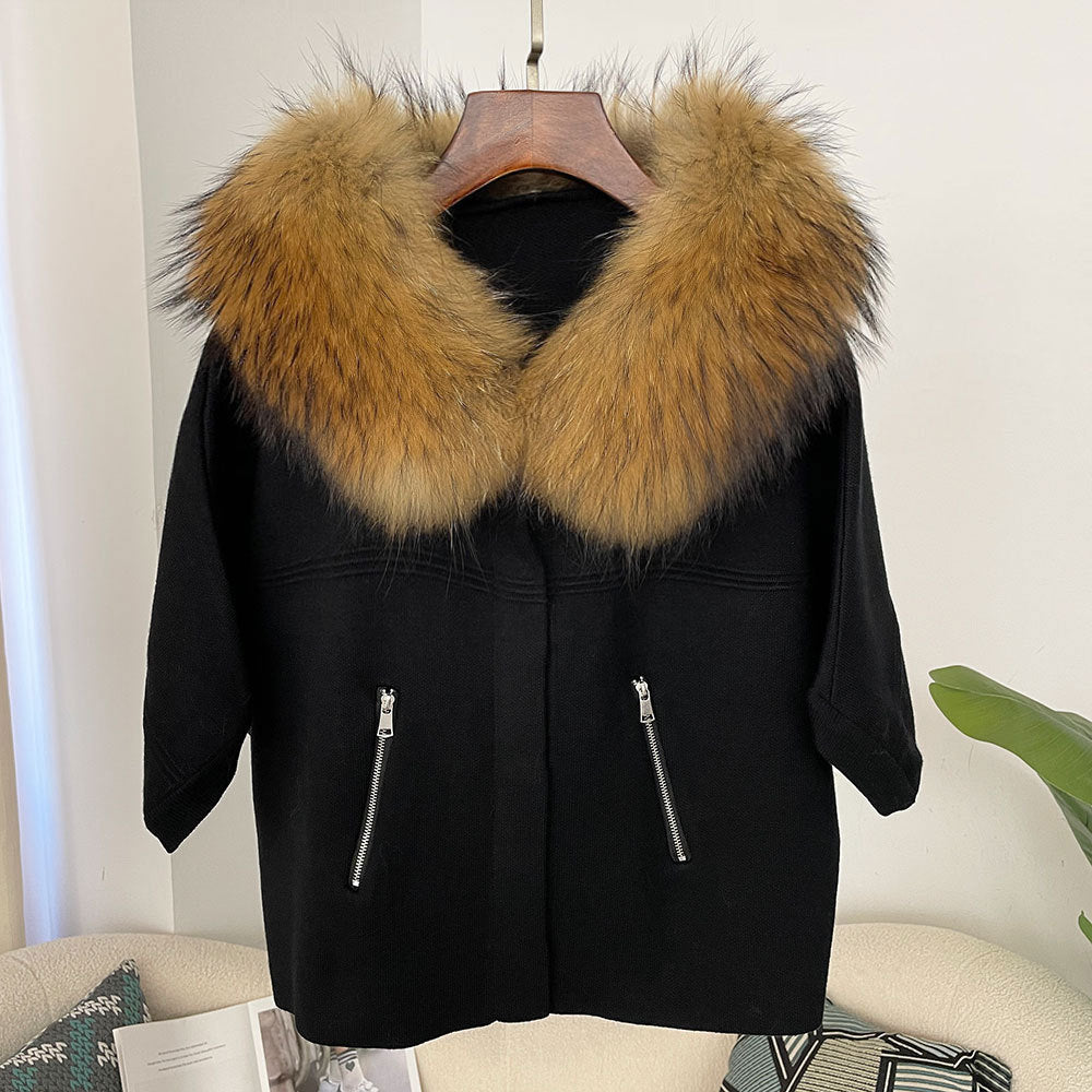 A autumn and winter new women's short knitted sweater real fox fur collar fashion bat sleeve cardigan jacket Korean version loose