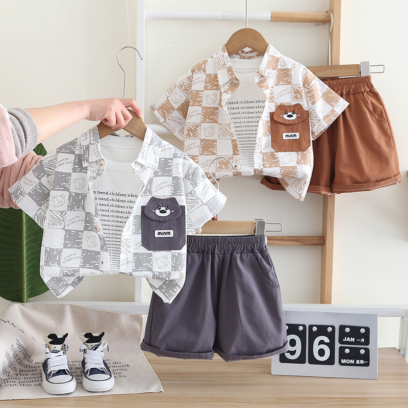 A summer new boys thin plaid pocket bear shirt short sleeve three-piece set baby summer clothes summer clothes