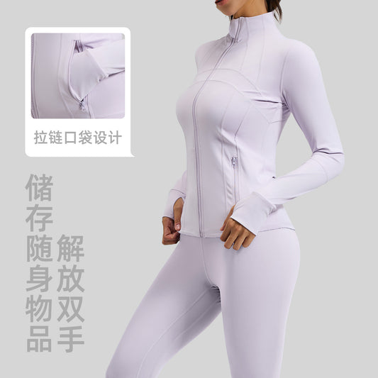 A Cross-border solid color splicing sports suit, slim fit training, fitness yoga clothes, women with pockets