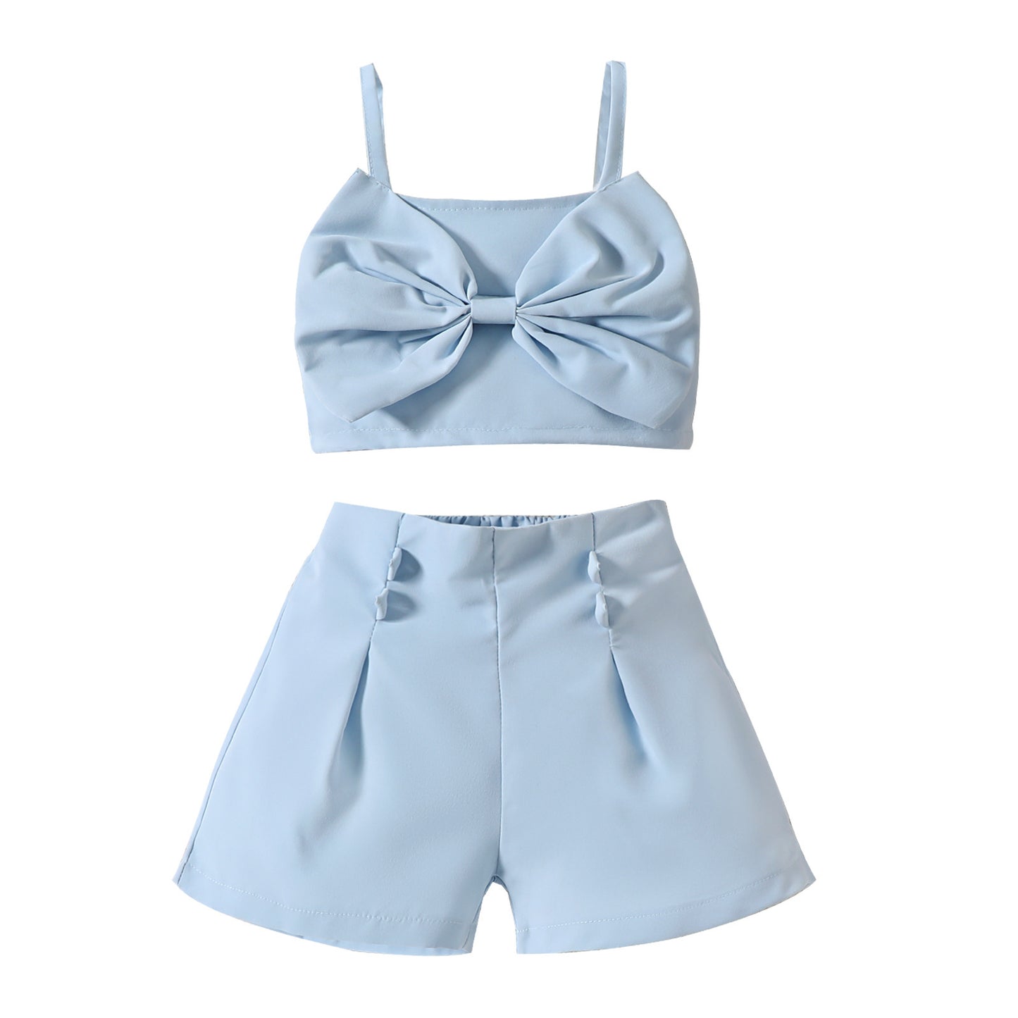 A 2024 summer new Japanese and Korean children's solid color bow suspenders tops and shorts girls' suits. - Mixbatch