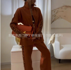 A Fashion Drawstring Waist Top Wide Leg Pants Two-piece Set