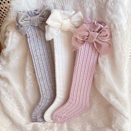 A flannel bow children's socks heel-less lace knee stockings baby medium stockings baby socks - Mixbatch