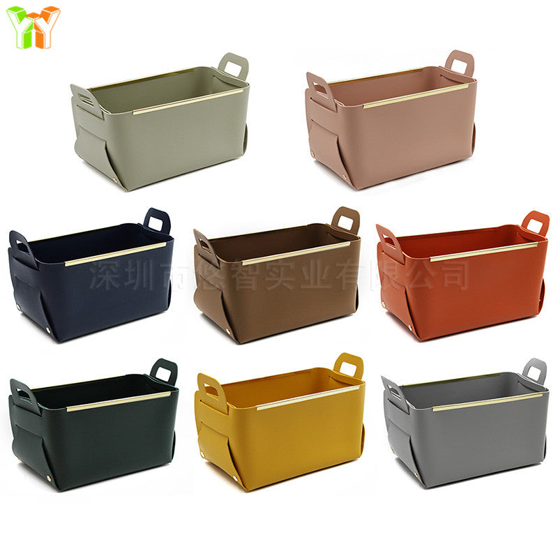 A leather sock storage basket