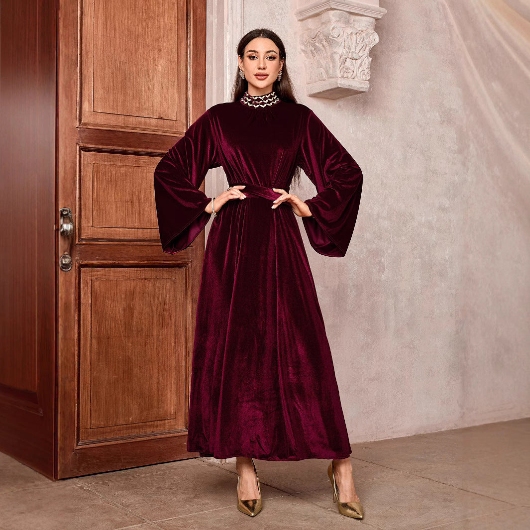 Middle Eastern Muslim Saudi Arabia Embroidered Dress Flared Sleeve Belt Zip Blouse - Mixbatch