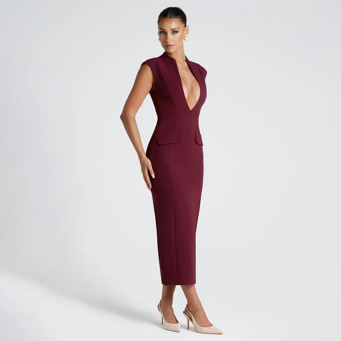 A705DS European and American cross-border 2025 spring new deep V pocket sexy solid color hip-wrapped slim dress women's - Mixbatch