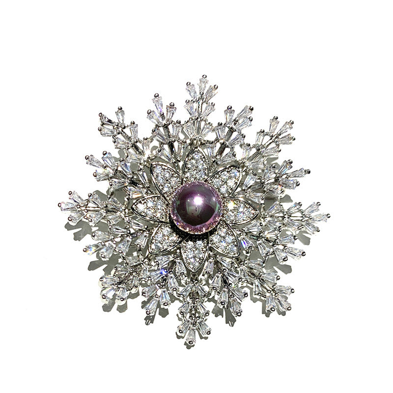 A European and American trend popular snowflake brooch, super flash zircon freshwater pearl brooch celebrity accessories - Mixbatch