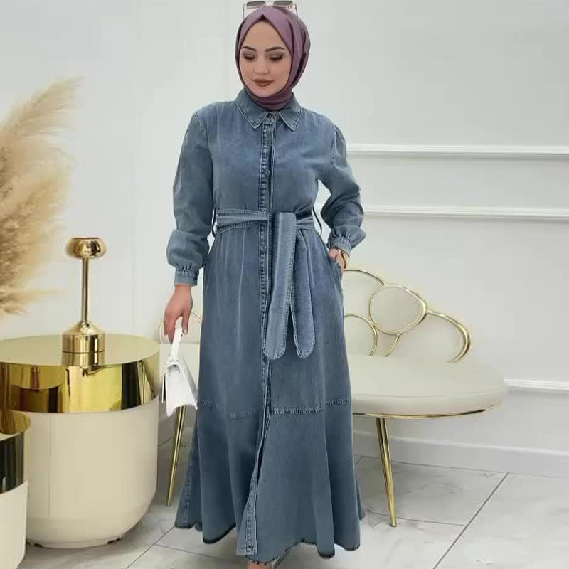 A autumn new European, American Amazon cross-border women's clothing solid color zipper model lace-up waist denim dress