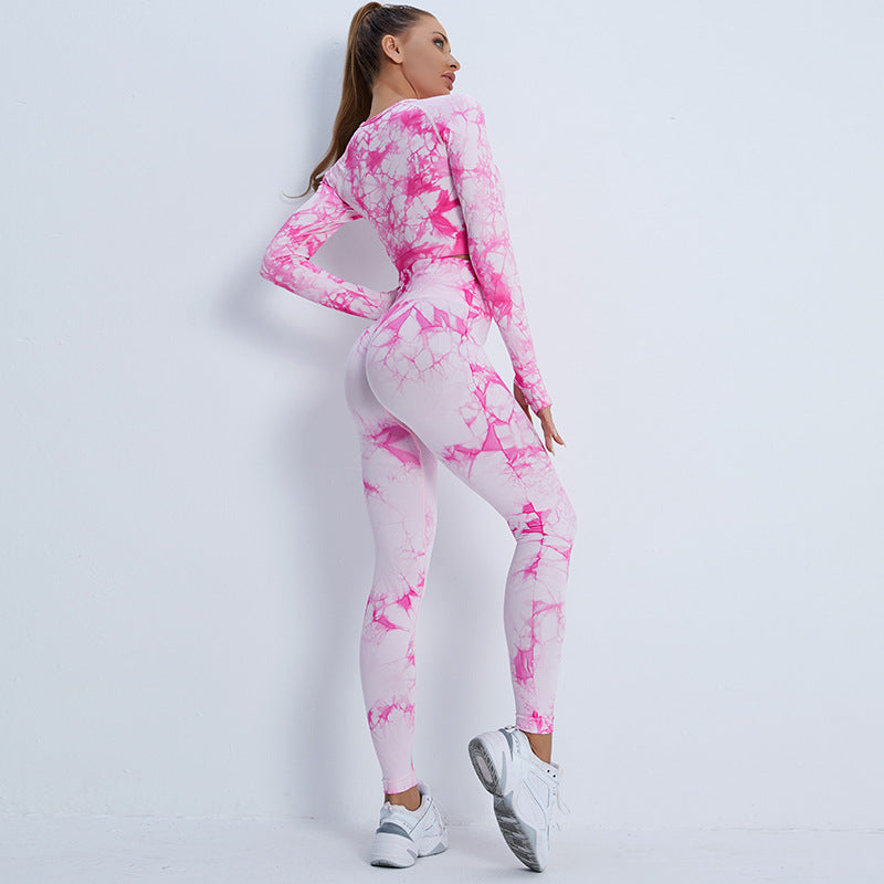 A new seamless yoga suit women's cross-border high-waisted hip-lifting yoga pants tie-dye long-sleeved top fitness sportswear set