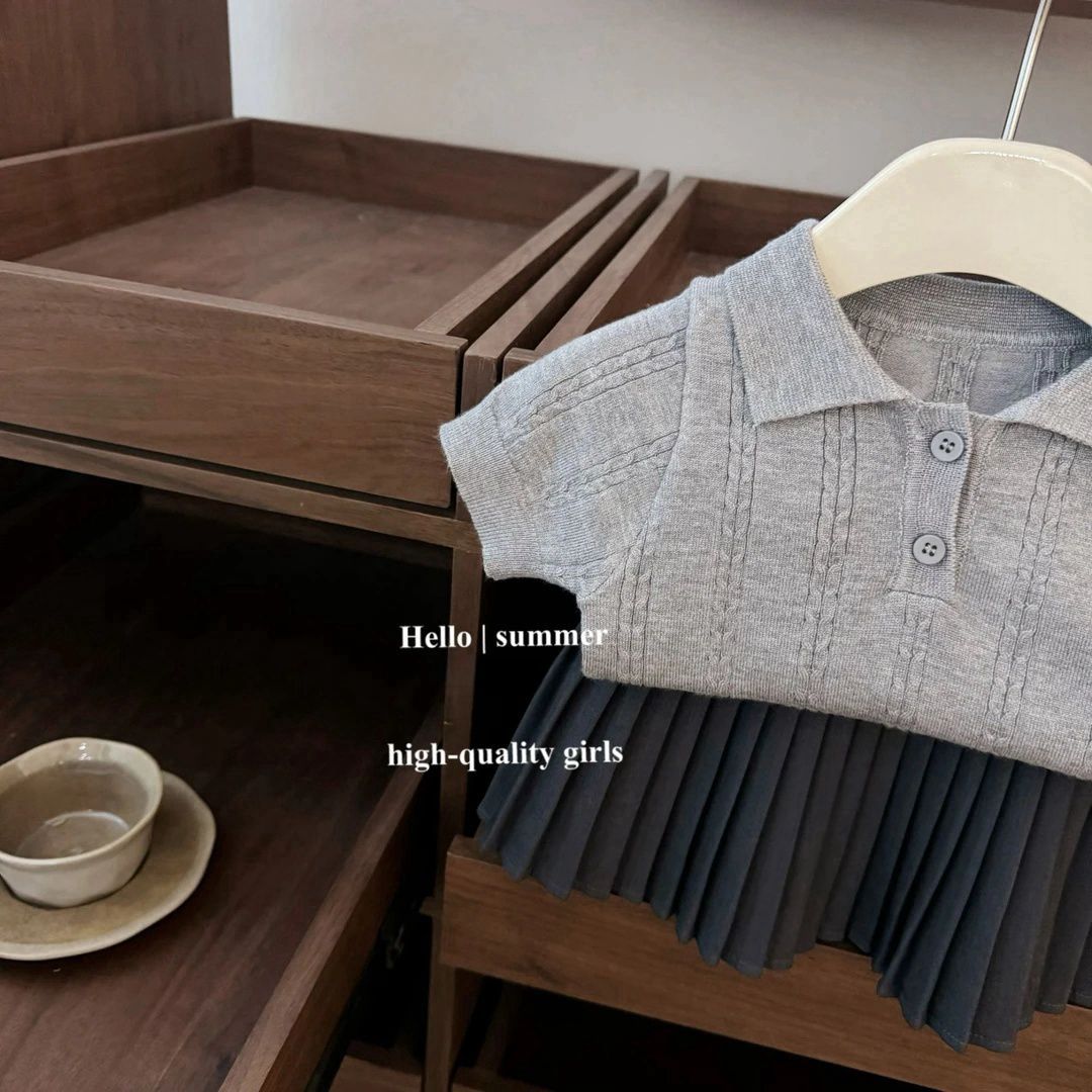 A baby academy style short-sleeved polo needle knitted shirt fashionable pleated skirt set - Mixbatch