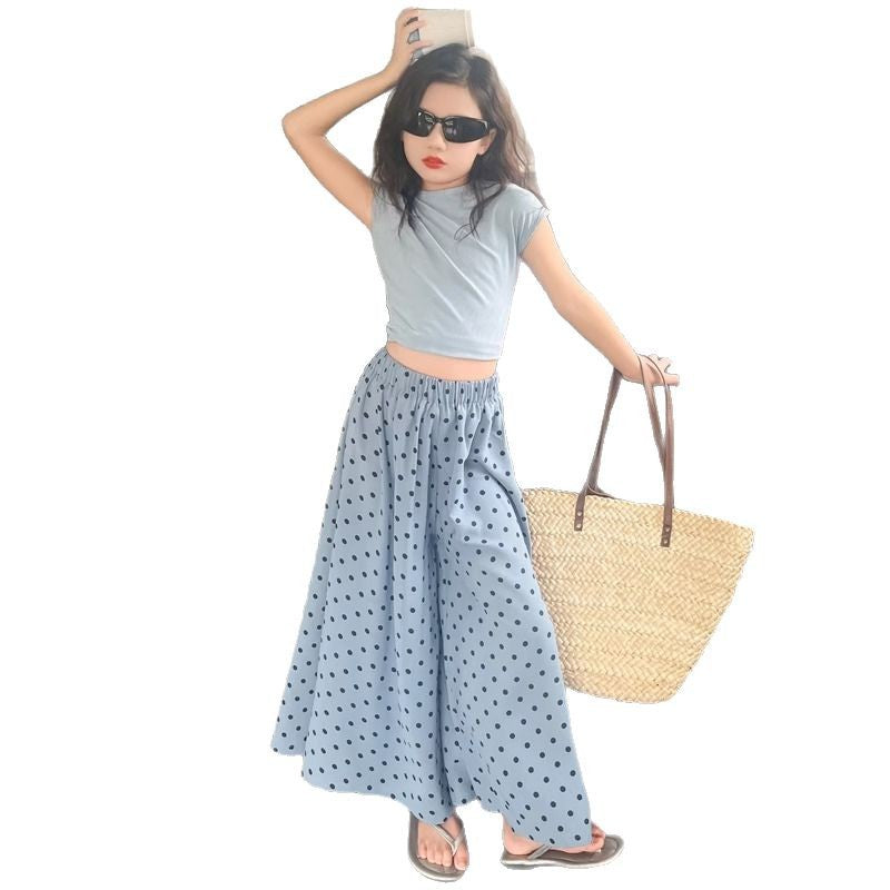 A girls T-shirt culottes set summer new Korean version top wide leg pants medium older girls polka dot culottes