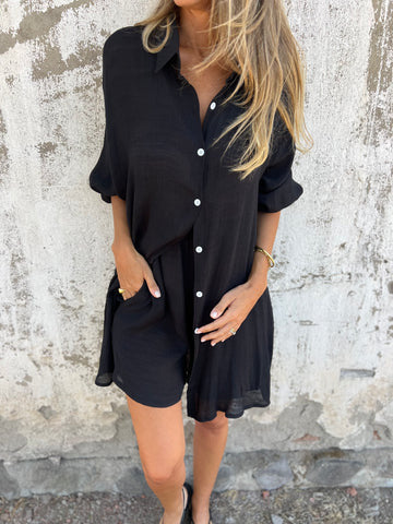 A Cross-border Europe, America, Amazon's new women's clothing casual solid color cotton and linen shorts long-sleeved wrinkled cloth shirt two-piece set
