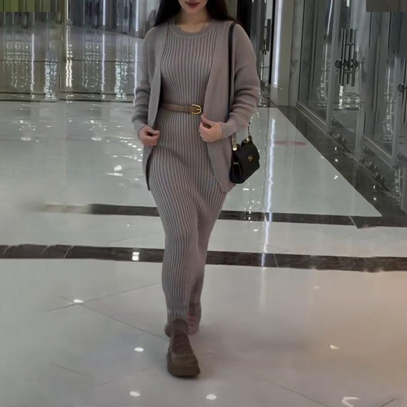 A knitted jacket skirt set with belt
