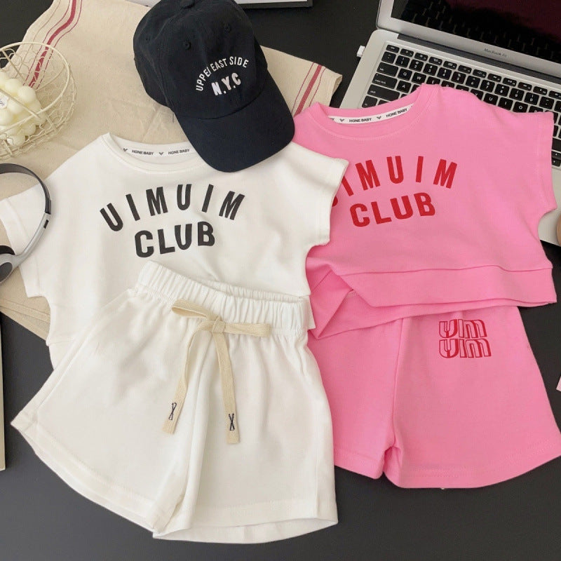 A summer new Korean version girls summer suit children's cotton letters medium and large children's foreign style two-piece set