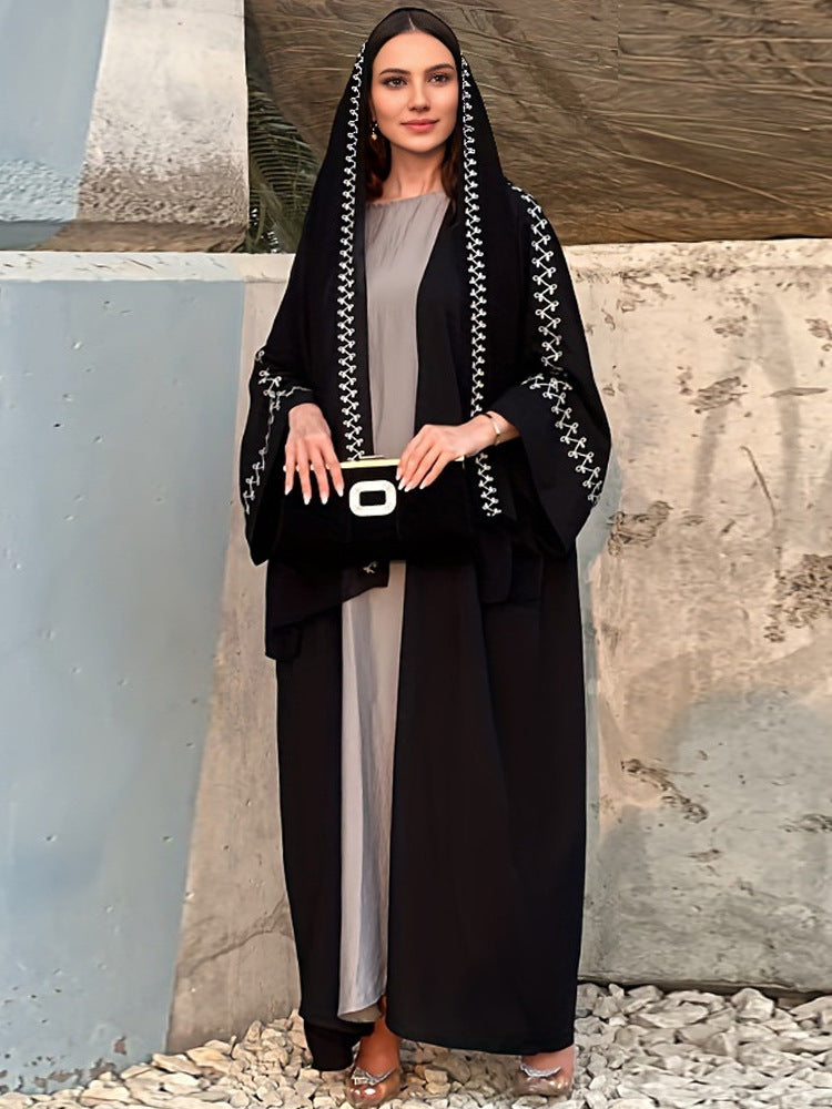 New Muslim fashion temperament elegant cardigan robe bat sleeve embroidered headscarf - Mixbatch