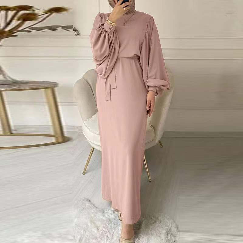 Muslim Women's Autumn and Winter South East Asia Fashion Lantern Sleeve Waist Hip Wrap Crew Neck Long Sleeve Women's Dress - Mixbatch