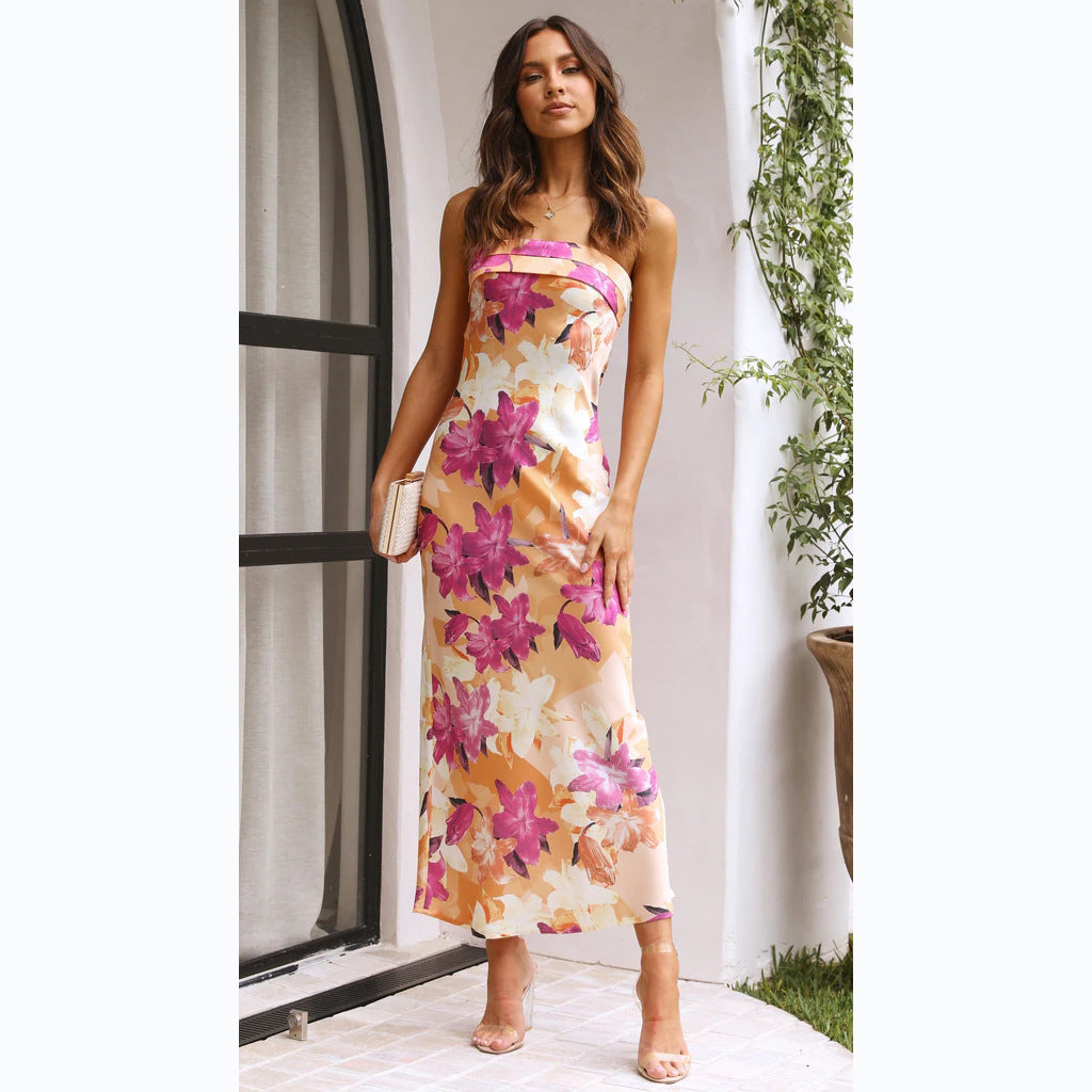 A flower print chest wrap medium and long dress D2210