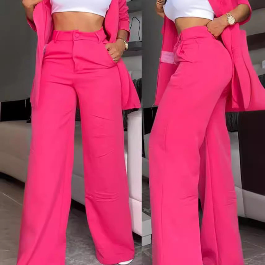 A women's temperament elegant solid color split sleeve lapel suit pocket straight pants suit - Mixbatch