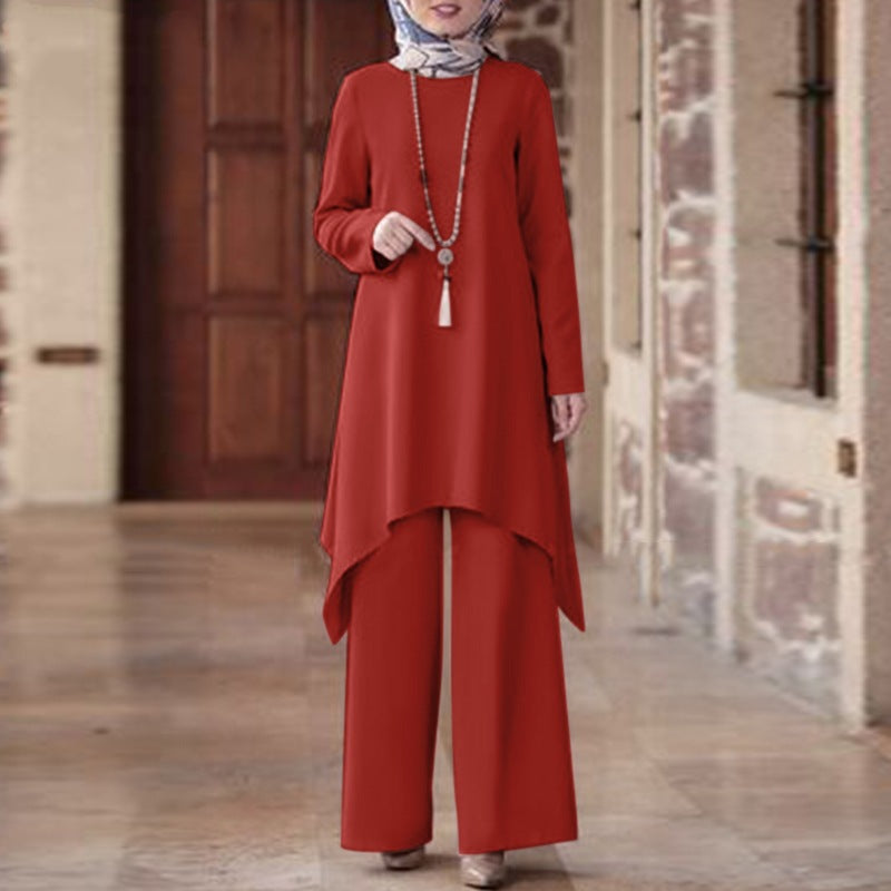 A Muslim women's clothing Middle East cross-border spring and autumn solid color round neck pullover skirt trousers fashion casual suit