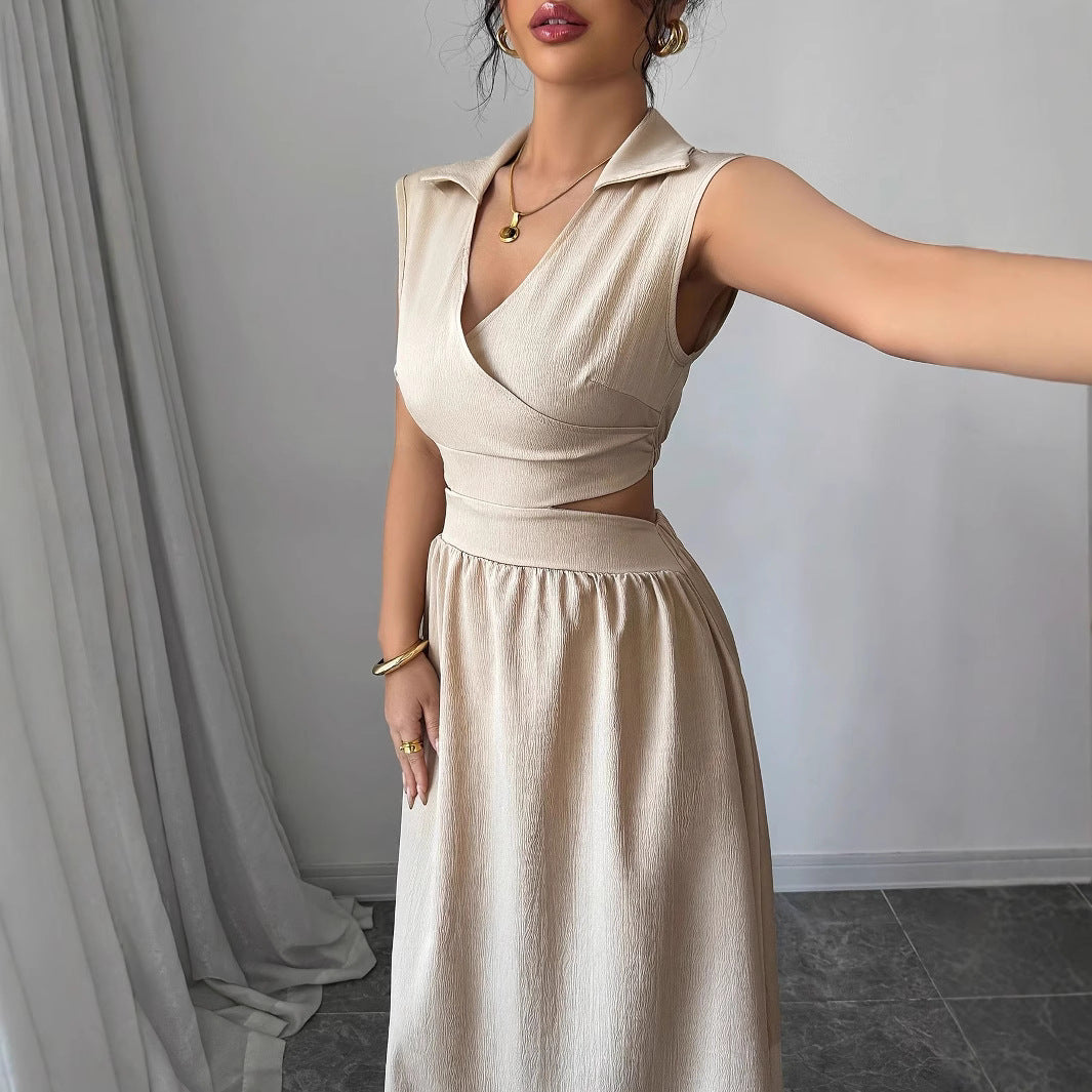 A sleeveless V-neck dress