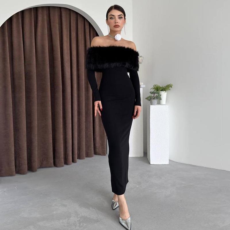 New long dress, fashionable style, elegant one-word shoulder fur collar slim dress - Mixbatch